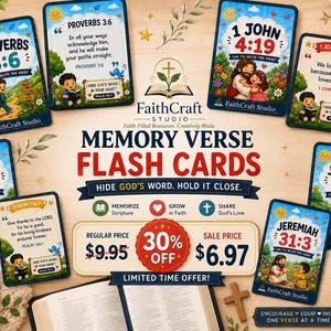 Puede incluir: Un conjunto de tarjetas de memoria Memory Verse Flash Cards de FaithCraft Studio con ilustraciones coloridas de niños y escenas bíblicas. Las tarjetas muestran versículos como Proverbios 3:6, 1 Juan 4:19, Salmo 136:1 y Jeremías 31:3.