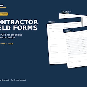 Könnte beinhalten: Ein digitales Bündel von Auftragnehmer-Formularen bestehend aus weißen, ausfüllbaren PDF-Dokumenten mit dunkelblauen Kopfzeilen. Der Text lautet ORRGANIZE, 10-FORM BUNDLE, CONTRACTOR FIELD FORMS, Fillable PDFs for organized field documentation, PRINT, TYPE, SAVE, Field Ticket, Daily Field Report und Equipment Inspection.
