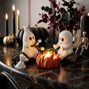 Cute Ghost Campfire Halloween Decor Set | Roasting Marshmallow Ghost Figurines & Flame Tealight Candle Holder | Spooky Tabletop Decoration