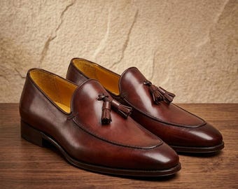 Handmade Brown Tassel Loafers Mens Leather Dress Shoes Classic Slip On Formal Wedding Loafers