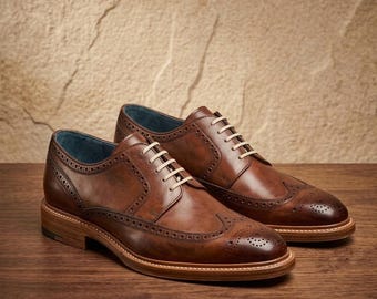 Handmade Brown Full Brogue Derby Shoes Mens Leather Dress Shoes Hand Stitched Artisan Footwear