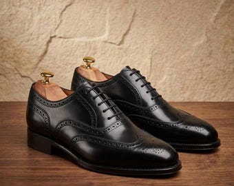 Handmade Black Leather Wingtip Derby Shoes: Classic Brogue Oxford Style
