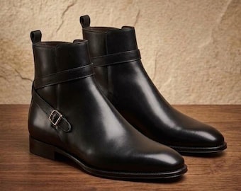 Bottes Jodhpur en cuir noir faites main : Chaussures habillées élégantes pour homme avec bride à boucle latérale
