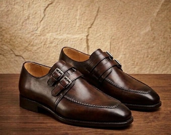 Handgefertigte dunkelbraune Doppelmonk-Schuhe, Herren-Lederschuhe, klassische formelle Schuhe