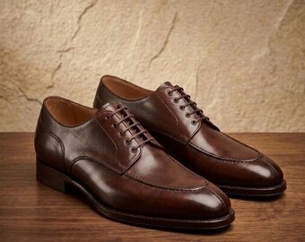 Handmade Brown Apron Toe Derby Shoes Mens Leather Dress Shoes Hand Stitched Artisan Footwear
