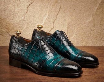 Handmade Teal Crocodile Pattern Oxford Shoes Mens Luxury Leather Dress Shoes Formal Footwear