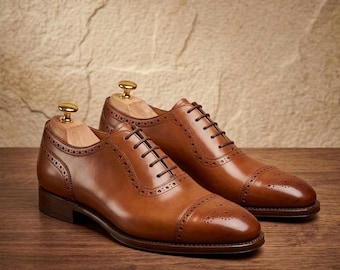Handmade Tan Oxford Shoes Mens Leather Cap Toe Brogue Dress Shoes Classic Formal Footwear