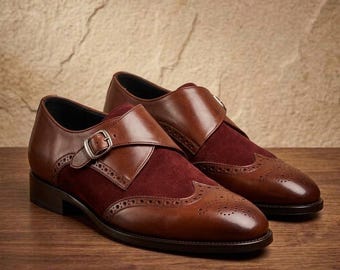 Handmade Brown Burgundy Monk Strap Shoes Mens Leather Spectator Dress Shoes Elegant Formal Footwear