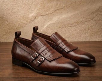 Handmade Brown Kiltie Monk Strap Shoes Mens Leather Double Monk Dress Shoes Formal Footwear