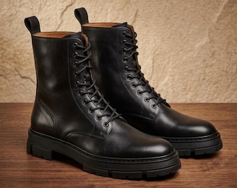 Bottes de combat noires faites main pour hommes, en cuir, à lacets, style militaire, bottines robustes, chaussures artisanales
