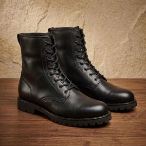 Handgefertigte schwarze Leder-Kampfstiefel: Militärstil, Vollnarbenleder, Schnürstiefeletten