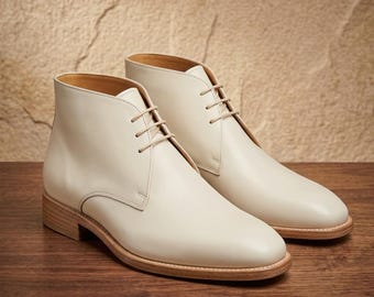 Handmade White Chukka Boots Mens Leather Desert Boots Classic Lace Up Ankle Boots Formal Casual Footwear
