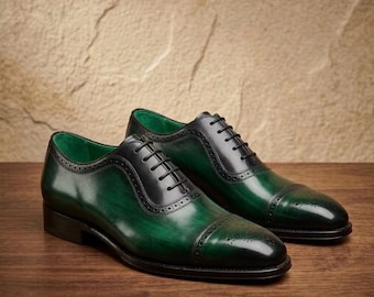 Handmade Green Patina Oxford Shoes Mens Leather Cap Toe Dress Shoes Luxury Formal Footwear