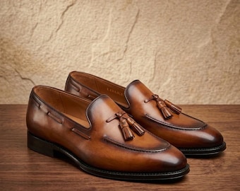 Handmade Brown Tassel Loafers Mens Leather Slip On Dress Shoes Classic Elegant Footwear