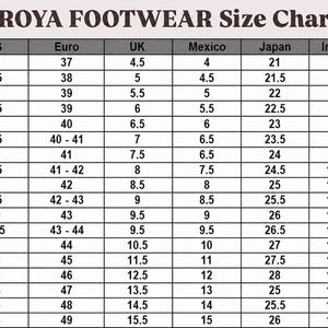 K&ouml;nnte beinhalten: Eine schwarz-wei&szlig;e Gr&ouml;&szlig;entabelle f&uuml;r Roya Footwear mit Spalten f&uuml;r US, Euro, UK, Mexiko, Japan und Zoll. Das Raster zeigt numerische Schuhgr&ouml;&szlig;enumrechnungen von US-Gr&ouml;&szlig;e 5 bis 16 mit entsprechenden Ma&szlig;en in Zoll von 9 bis 12 5/8 an.