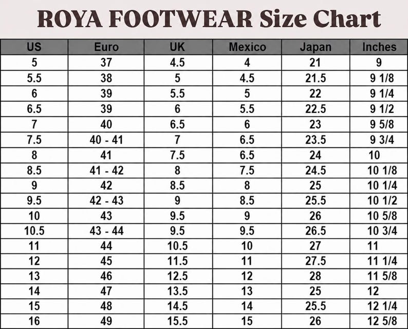 K&ouml;nnte beinhalten: Eine schwarz-wei&szlig;e Gr&ouml;&szlig;entabelle f&uuml;r Roya Footwear mit Spalten f&uuml;r US, Euro, UK, Mexiko, Japan und Zoll. Das Raster zeigt numerische Schuhgr&ouml;&szlig;enumrechnungen von US-Gr&ouml;&szlig;e 5 bis 16 mit entsprechenden Ma&szlig;en in Zoll von 9 bis 12 5/8 an.