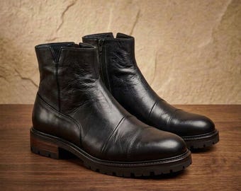 Handgefertigte schwarze Leder-Ankle-Boots, Herren-Stiefeletten mit Zehenkappe und Reißverschluss, klassischer Business-Stiefel