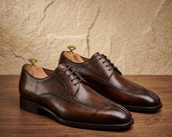 Zapatos Derby de cuero marrón oscuro hechos a mano con puntera dividida para hombre, zapatos de vestir clásicos con puntera tipo delantal.