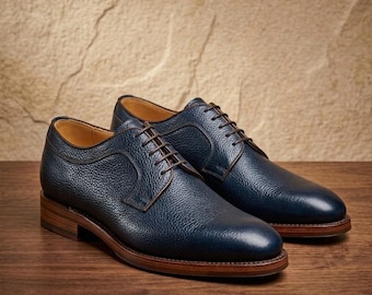 Chaussures Derby bleu marine faites main, chaussures habillées en cuir pour homme, chaussures classiques à lacets