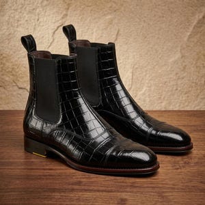 Botines Chelsea negros con estampado de cocodrilo hechos a mano: botines de vestir de lujo para hombre.