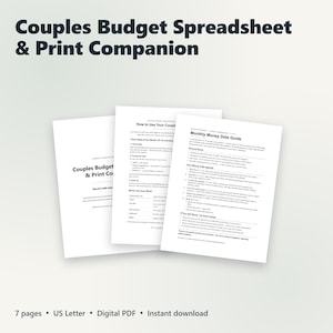 Op de afbeelding: Een digitaal budgetoverzicht voor koppels en printbare handleiding bestaande uit drie witte pagina's met zwarte tekst. De pagina's bevatten een titelpagina, een gebruiksaanwijzing en een maandelijkse financiële date-gids. De tekst onderaan vermeldt 7 pagina's, US Letter, digitaal PDF, directe download.