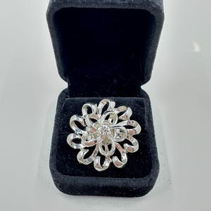 Vintage 1960s Silver Tone Adjustable Flower Ring, Mid Century Modern Openwork Cocktail Ring, Atomic Floral Statement Jewelry