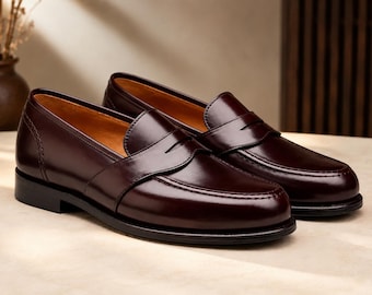 Bordeauxrode leren loafers, Penny Slip On, handgemaakte formele schoenen, klassieke zakelijke schoenen