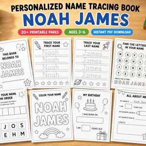 May include: A personalized name tracing book for children featuring eight white pages with black text and line art illustrations. The pages include activities like tracing the name Noah James, finding letters, coloring, and filling in personal details.
