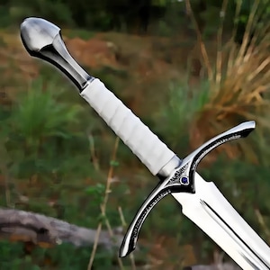 May include: A silver-toned sword featuring a white, spirally wrapped grip and a polished metal pommel. The crossguard is detailed with intricate engravings and a small, centered blue gemstone, leading into a double-edged, tapered steel blade.