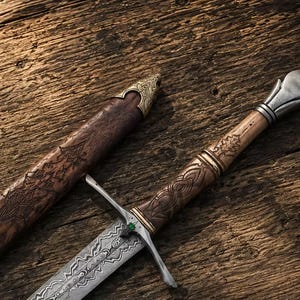 May include: A sword with a patterned steel blade, a wooden handle with intricate carvings, and a metal pommel. The sword is accompanied by a matching wooden scabbard featuring engraved details and a brass tip, showcasing craftsmanship and detail.