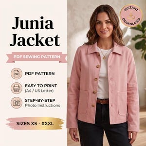 Peut inclure: Un patron de couture PDF pour la veste Junia, illustré par une veste rose clair à col, manches longues et boutons. Le texte indique Junia Jacket, PDF Sewing Pattern, PDF Pattern, Easy to Print (A4 / US Letter), Step-by-Step Photo Instructions, et Sizes XS - XXXL.