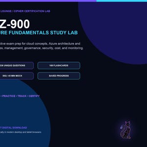 May include: A dark digital interface for the AZ-900 Azure Fundamentals Study Lab by Cyber Lounge. It features text detailing exam prep for cloud concepts, 336 unique questions, 168 flashcards, mock exams, and a small neon-style cat graphic.