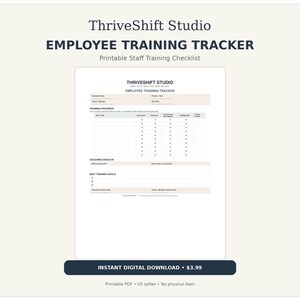 May include: A white printable employee training tracker document with black text and grid lines. The form includes sections for employee name, position, trainer, date, training progress, coaching check-in, and next training goals for staff.