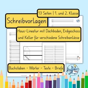 May include: Educational writing practice sheets featuring house-themed lines for attic, ground floor, and basement levels. The pages include 13 sheets for 1st and 2nd grade, designed for letters, words, texts, and letters, decorated with a shark icon.