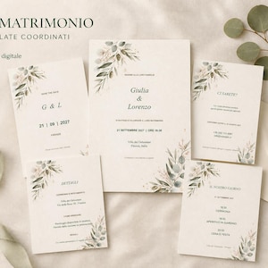 Può includere: Un set di cancelleria per matrimonio composto da cinque cartoncini color avorio con testo verde scuro e illustrazioni ad acquerello di rami d'ulivo. Le carte riportano scritte come KIT MATRIMONIO, 5 TEMPLATE COORDINATI e Download digitale.