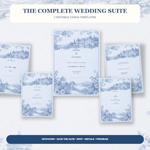 Può includere: Un set di cinque modelli di cancelleria per matrimoni con illustrazioni blu in stile toile de jouy di un castello e un paesaggio. Il testo riporta THE COMPLETE WEDDING SUITE, 5 EDITABLE CANVA TEMPLATES, Giulia & Lorenzo, e INVITATION, SAVE THE DATE, RSVP, DETAILS, PROGRAM.
