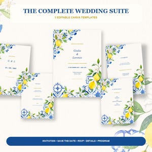 Può includere: Un set di cinque modelli di cancelleria per matrimoni modificabili con illustrazioni ad acquerello di limoni gialli, foglie verdi, fiori bianchi e motivi di piastrelle blu e bianche. Il testo include THE COMPLETE WEDDING SUITE, 5 EDITABLE CANVA TEMPLATES, Giulia & Lorenzo, e INVITATION, SAVE THE DATE, RSVP, DETAILS, PROGRAM.