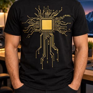 T-Shirt mit Mikrochip-Motiv, Goldplatinen-Print, Geschenk für Computertechniker, Elektronikliebhaber, Programmierer, Technikbegeisterte, MINT-Fans, Geburtstagsgeschenk, Weihnachtsgeschenk
