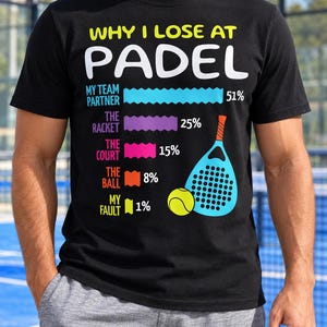Op de afbeelding: Een zwart t-shirt met een kleurrijke grafische kaart met de tekst WHY I LOSE AT PADEL. De kaart toont My Team Partner op 51%, The Racket op 25%, The Court op 15%, The Ball op 8% en My Fault op 1%, vergezeld door een blauw padelracket en een gele bal.