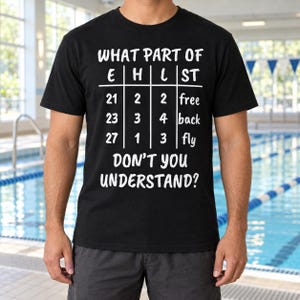 Peut inclure: Un t-shirt noir à manches courtes avec un texte blanc qui indique : WHAT PART OF E | H | L | ST 21 2 2 free 23 3 4 back 27 1 3 fly DON'T YOU UNDERSTAND ? Le motif est présenté sous forme de grille avec les colonnes E, H, L et ST.