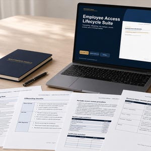 Peut inclure: Un ordinateur portable affichant l'interface Employee Access Lifecycle Suite, un carnet bleu foncé avec le texte Wayfinder Shield, un stylo noir et plusieurs documents imprimés incluant un flux d'intégration et une liste de contrôle de départ.