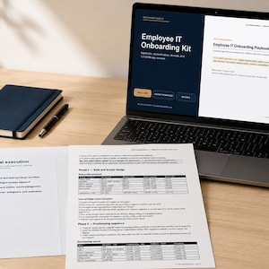 May include: A laptop displaying an Employee IT Onboarding Kit, a dark blue notebook, a black pen, and two printed documents with tables and text titled Built for real execution and Employee IT Onboarding Playbook on a wooden surface.