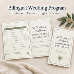 May include: A bilingual wedding program template featuring an order of ceremony table and cover page with text in English and Spanish. The design includes blue borders, olive branch illustrations, and placeholders for names, dates, and venue details.