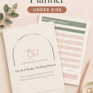 May include: A wedding budget planner with a cream cover featuring a green arch, two rings, and the text "The Real-Budget Wedding Planner". It includes a "Master Budget Summary" page with columns for budget, actual, difference, and percentage of total.