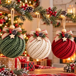 May include: Three spherical Christmas baubles featuring a textured crochet pattern in dark green, cream, and red. Each bauble is topped with a natural wooden bead, a hessian ribbon bow, a small pinecone, red berries, and a wooden star cutout.