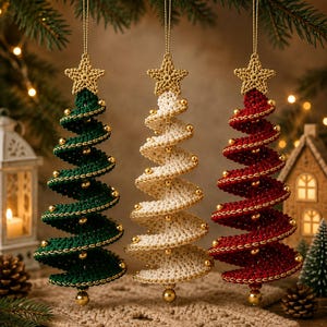 Puede incluir: Tres adornos navideños en forma de espiral hechos de hilo de ganchillo en verde oscuro, crema y rojo intenso. Cada árbol está rematado con una pequeña estrella de ganchillo y decorado con cuentas doradas a lo largo de los bordes en espiral.