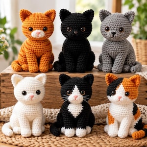 Puede incluir: Seis figuras de gatos tejidas a ganchillo en varios colores, incluyendo naranja atigrado, negro sólido, gris, blanco sólido, esmoquin blanco y negro, y tricolor. Cada gato tiene ojos de plástico oscuro, una nariz rosa y postura sentada.