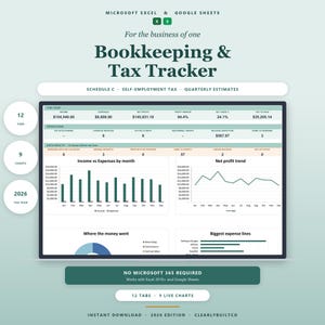 May include: A digital bookkeeping and tax tracker spreadsheet for Microsoft Excel and Google Sheets. The interface displays financial data, including income, expenses, net profit, and tax estimates, alongside bar and line charts for 2026.