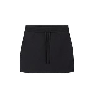 May include: A solid black mini skirt featuring an elasticated waistband with a matching black drawstring cord. The skirt has a simple, straight-cut silhouette and a smooth, uniform fabric texture throughout the entire garment.