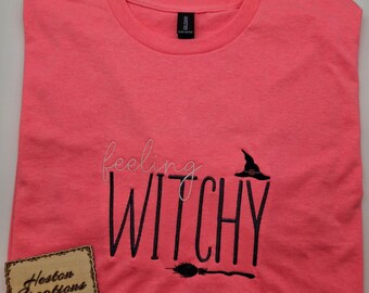 Embroidered Witchy T-Shirt: Hot Pink Halloween Fun (Custom Made)